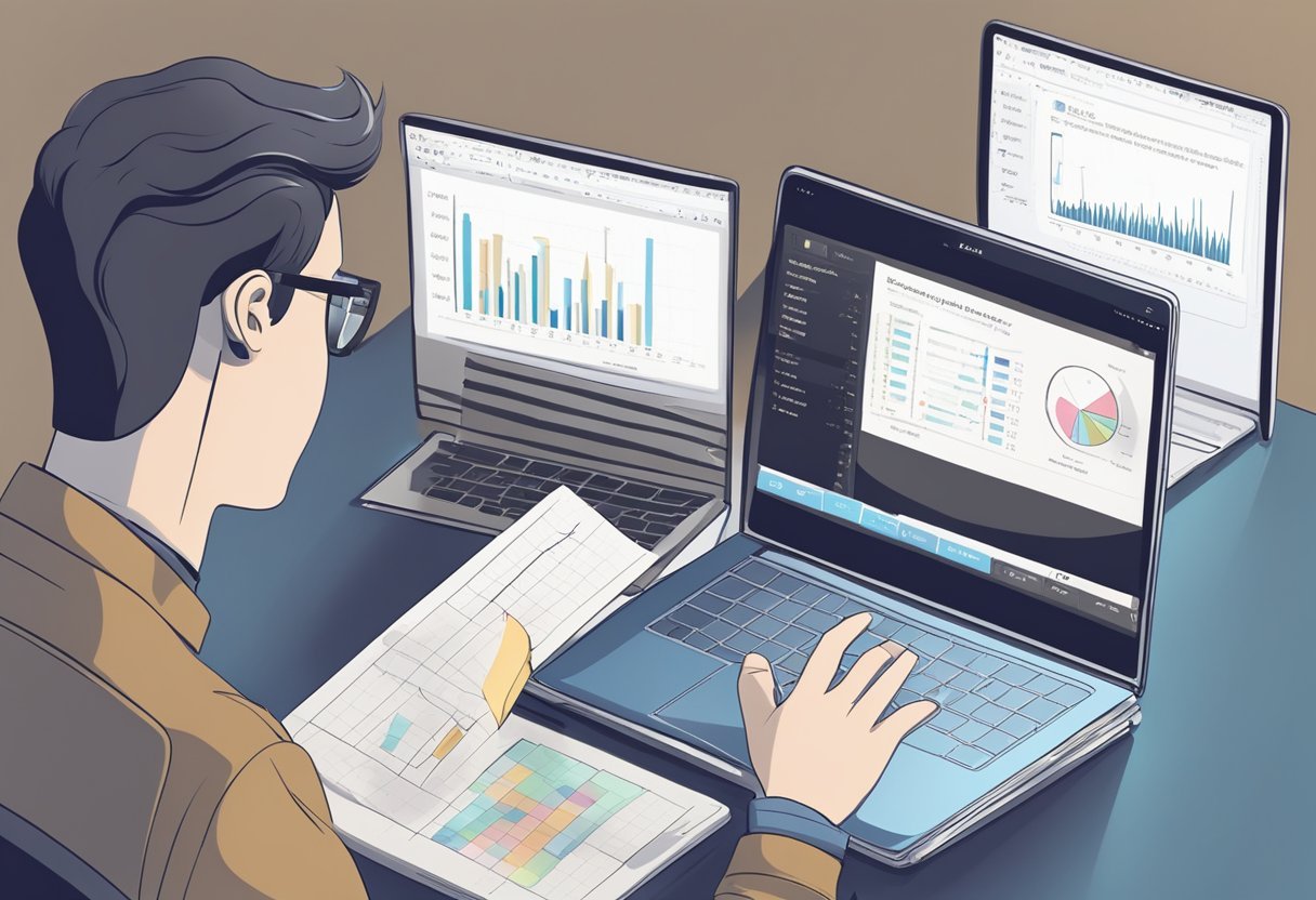 A person studying a calculus textbook with a laptop open to a data science tutorial. Graphs and equations are visible on the laptop screen