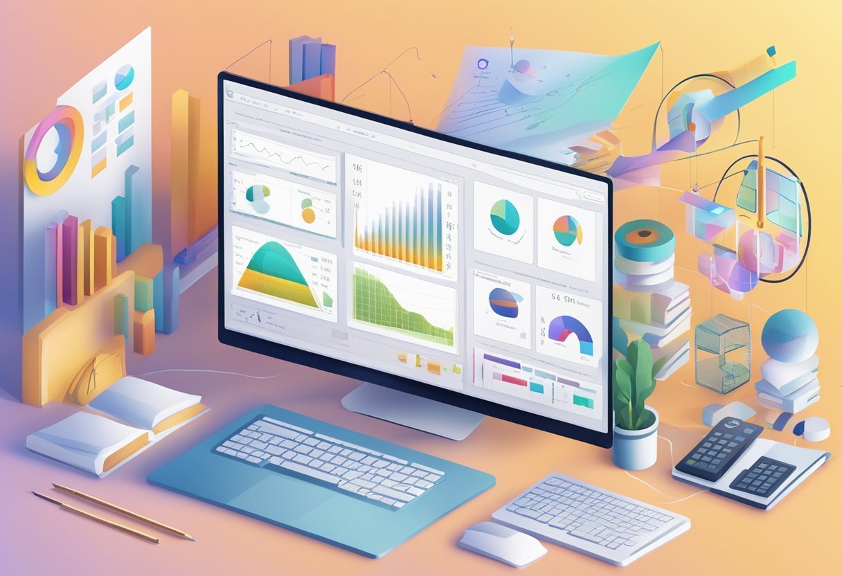 A computer screen displaying a data set with various sampling techniques and mathematical equations, surrounded by AI learning materials and mathematical tools