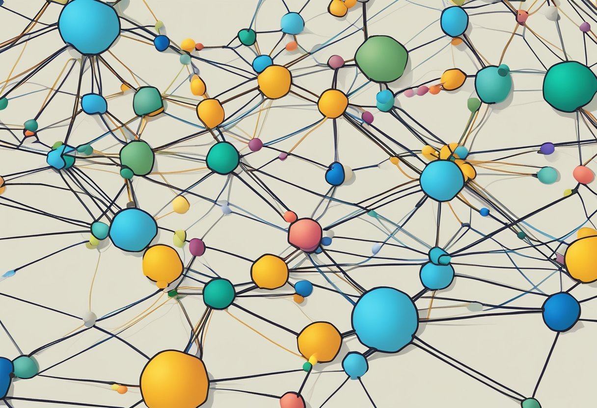 A network of interconnected nodes, with varying sizes and colors, representing graph theory in data science