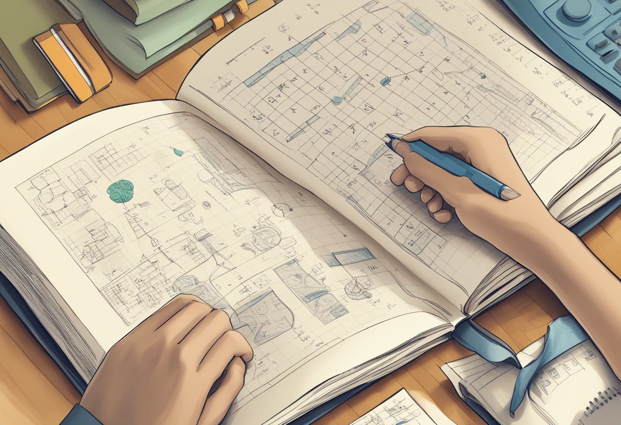 A person studying a book titled "Discrete Mathematics and Its Applications" with a notebook and pencil, surrounded by mathematical symbols and equations