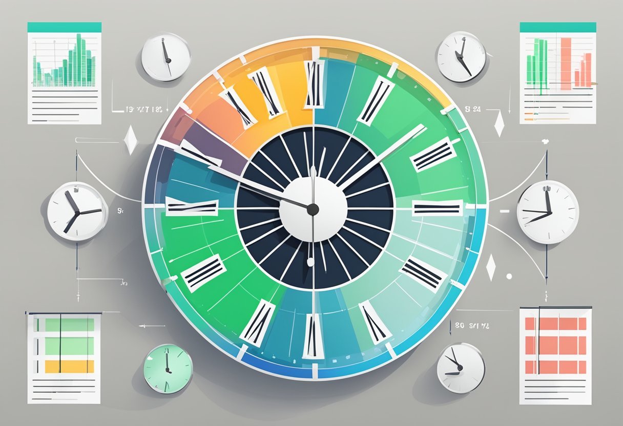 A clock with multiple time periods displayed, surrounded by DAX formulas and charts