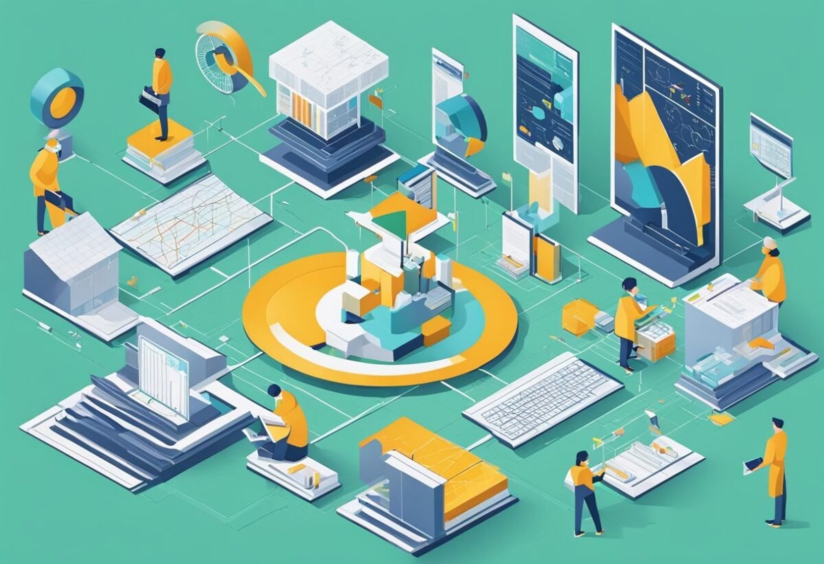 A person studying a complex system with various interconnected components, using technical tools and diagrams to assess its feasibility