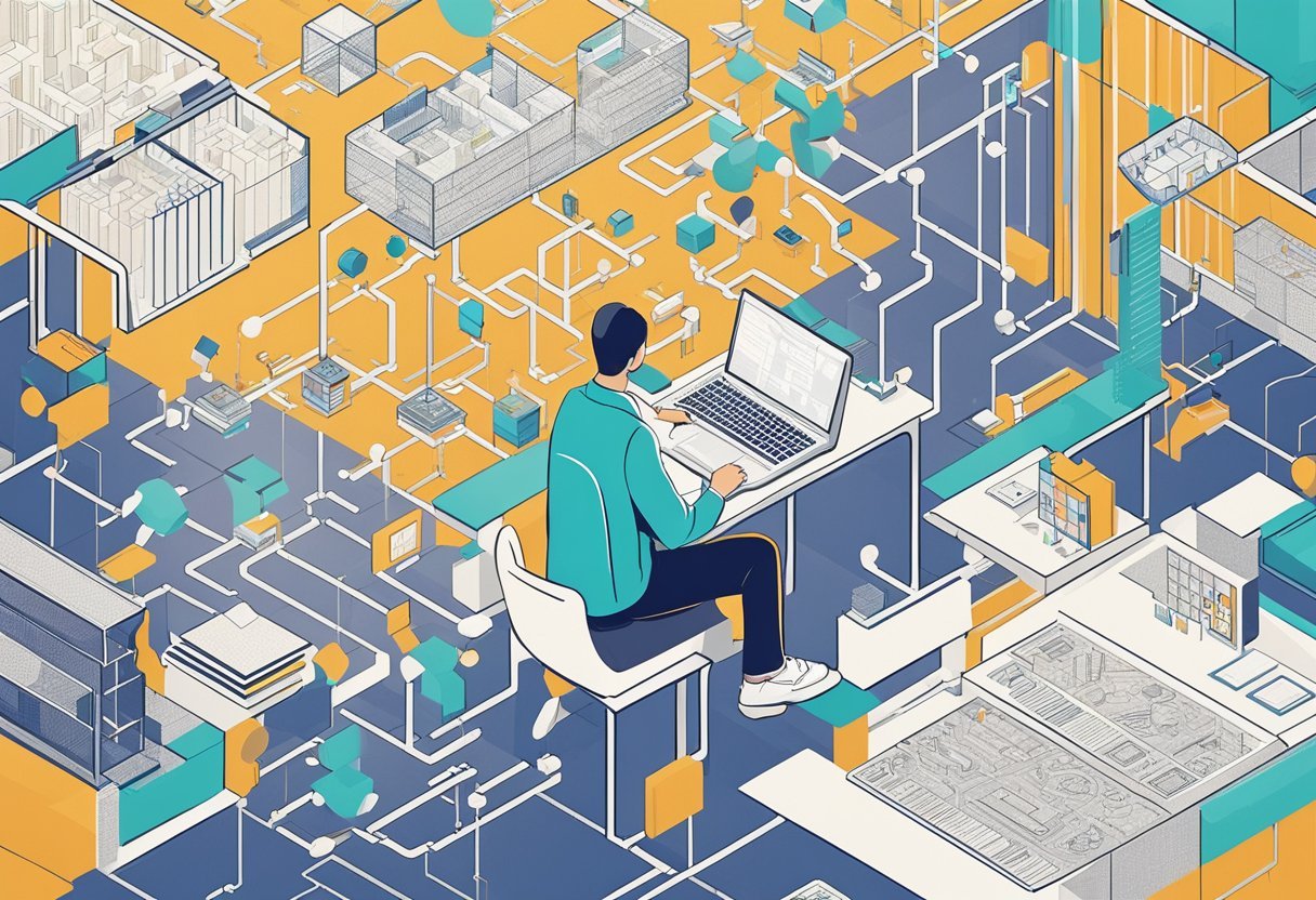 A person studying a complex system, surrounded by interconnected nodes and data flow diagrams, with a focus on understanding the current architecture