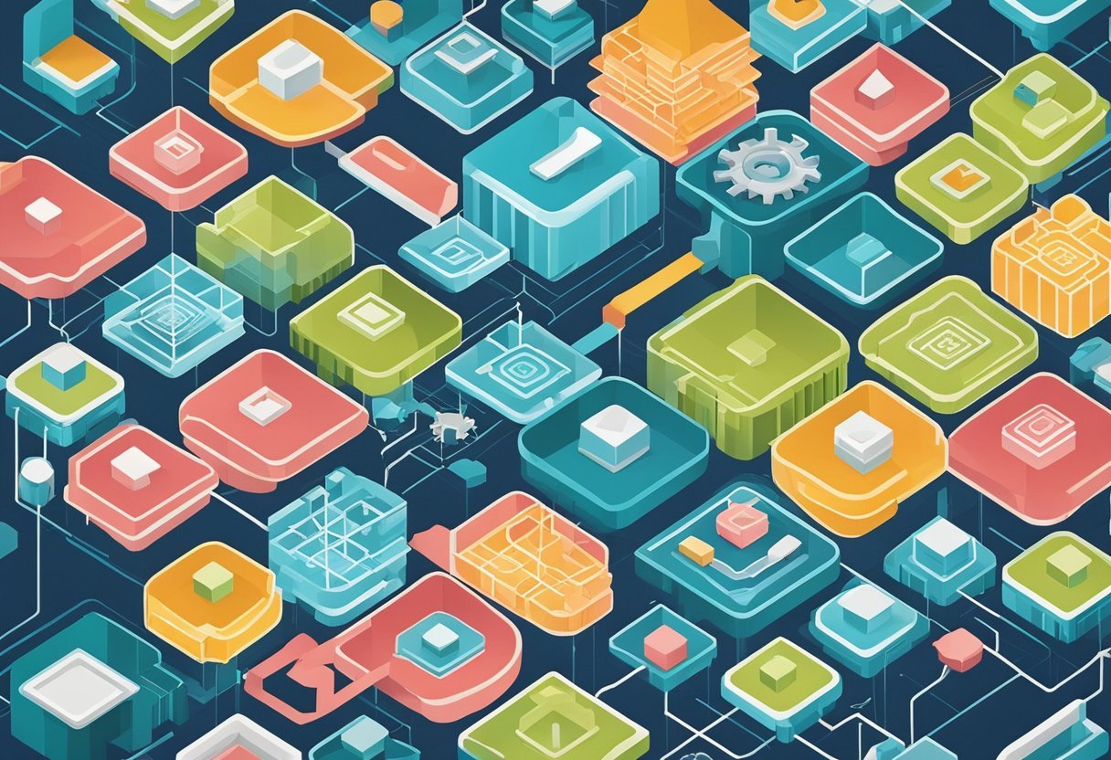 A network of interconnected gears representing different system integration options, with arrows indicating the flow of data and information between them