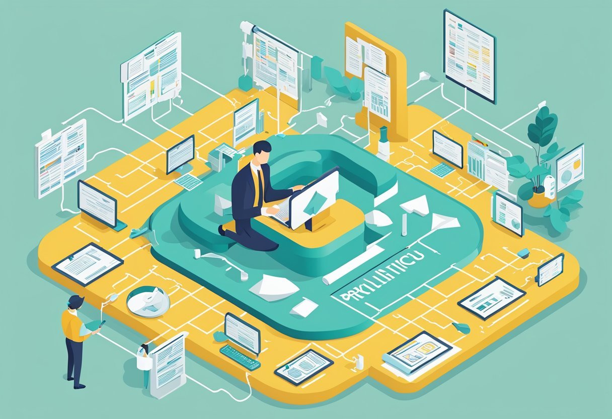 A person studying a complex flowchart of regulatory compliance processes