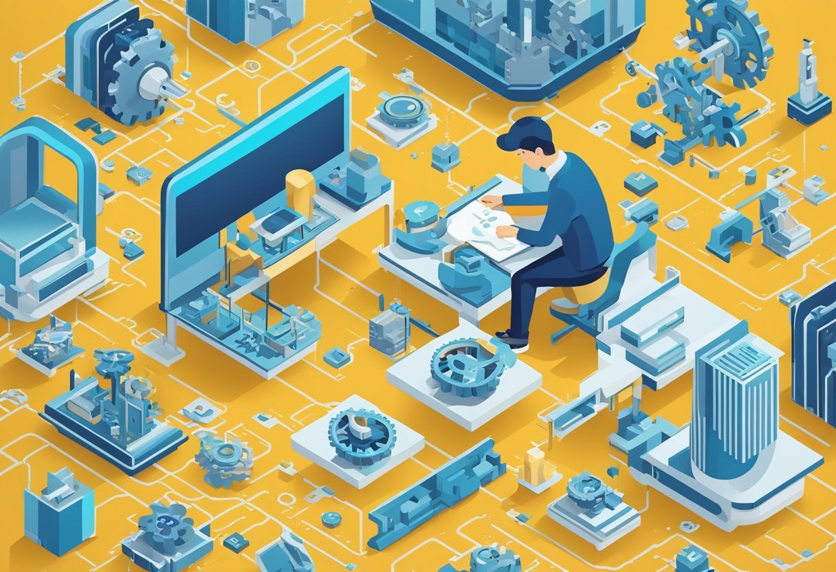 A person analyzing a complex system, surrounded by interconnected gears and puzzle pieces