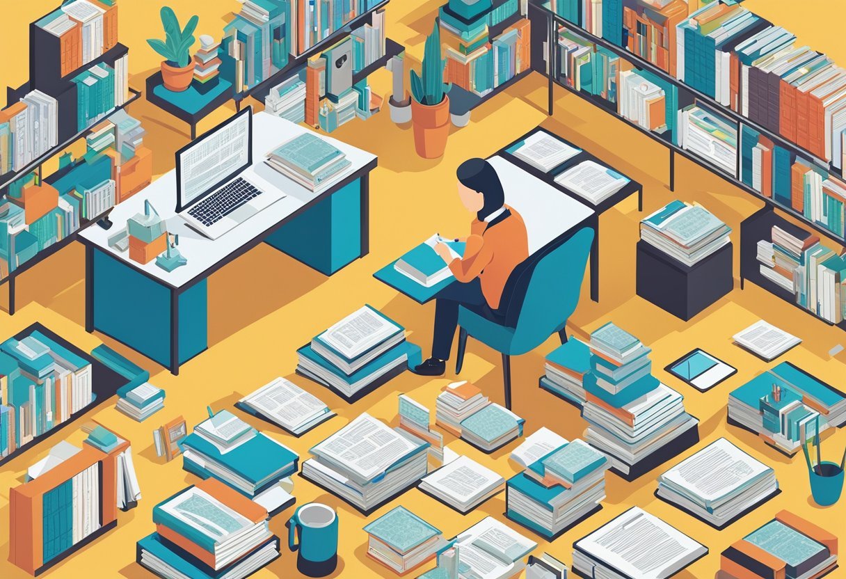 A person studying a complex flowchart, surrounded by books and computer screens, with a thoughtful expression