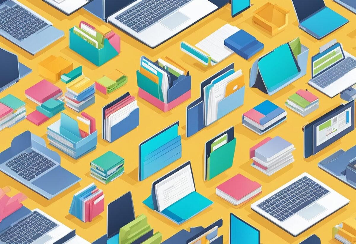 A diverse group of objects, such as files, folders, and digital icons, arranged in an organized manner to represent the concept of naming conventions