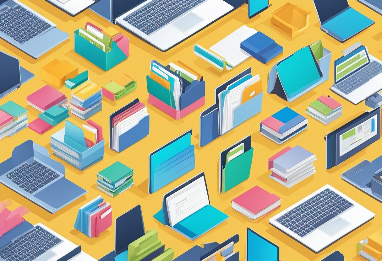 A diverse group of objects, such as files, folders, and digital icons, arranged in an organized manner to represent the concept of naming conventions