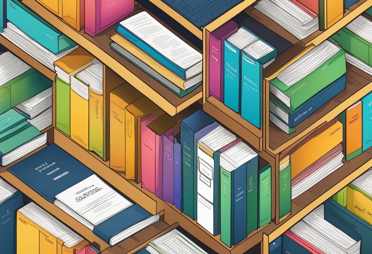 A colorful bookshelf with labeled sections for different naming conventions, surrounded by project folders and documents