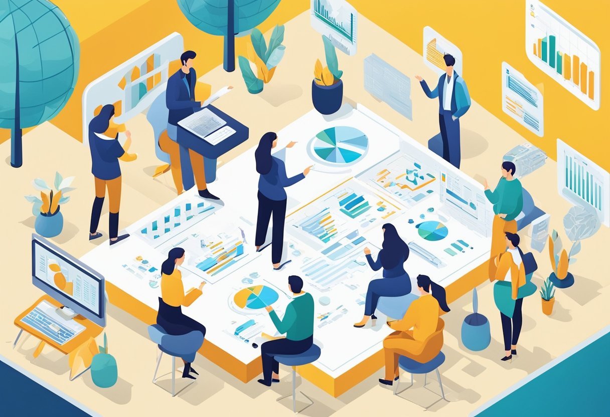 A group of people discussing and brainstorming ideas, surrounded by charts and graphs on a whiteboard