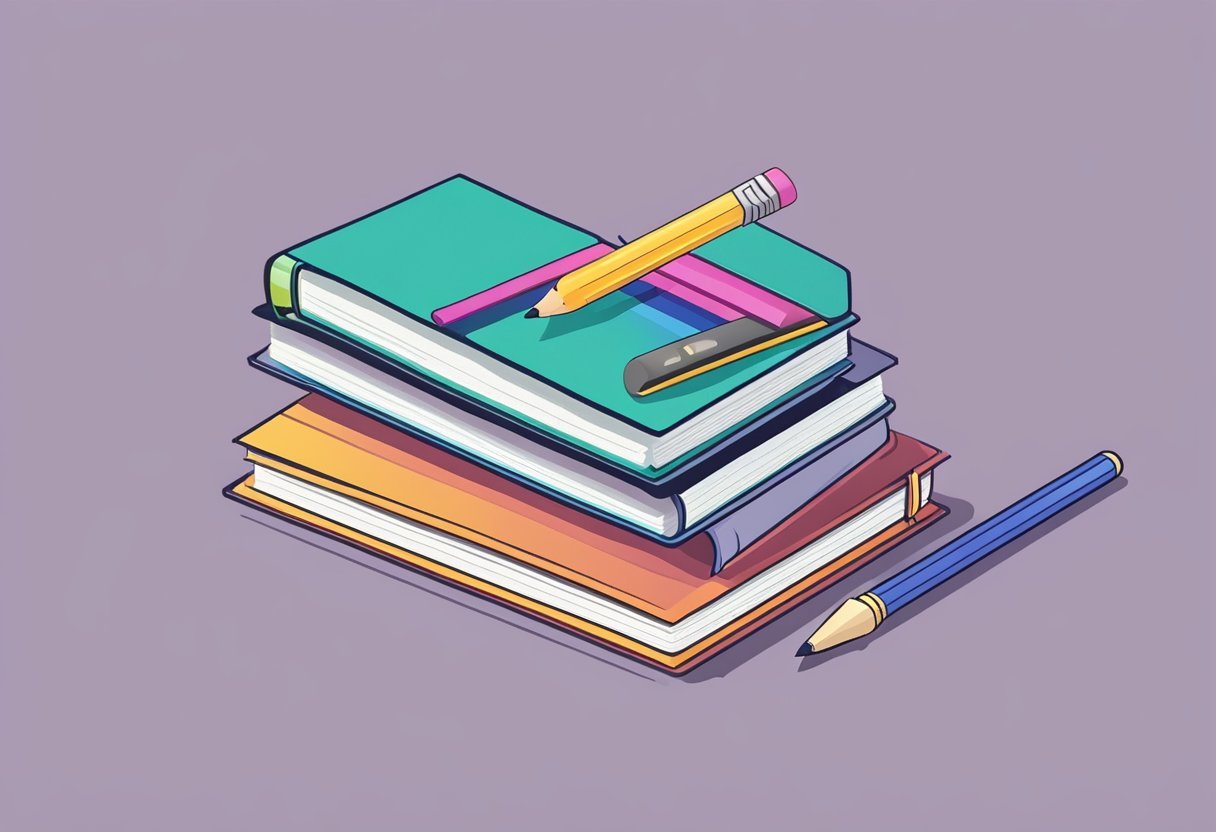 A stack of open books with a pencil and ruler on a desk