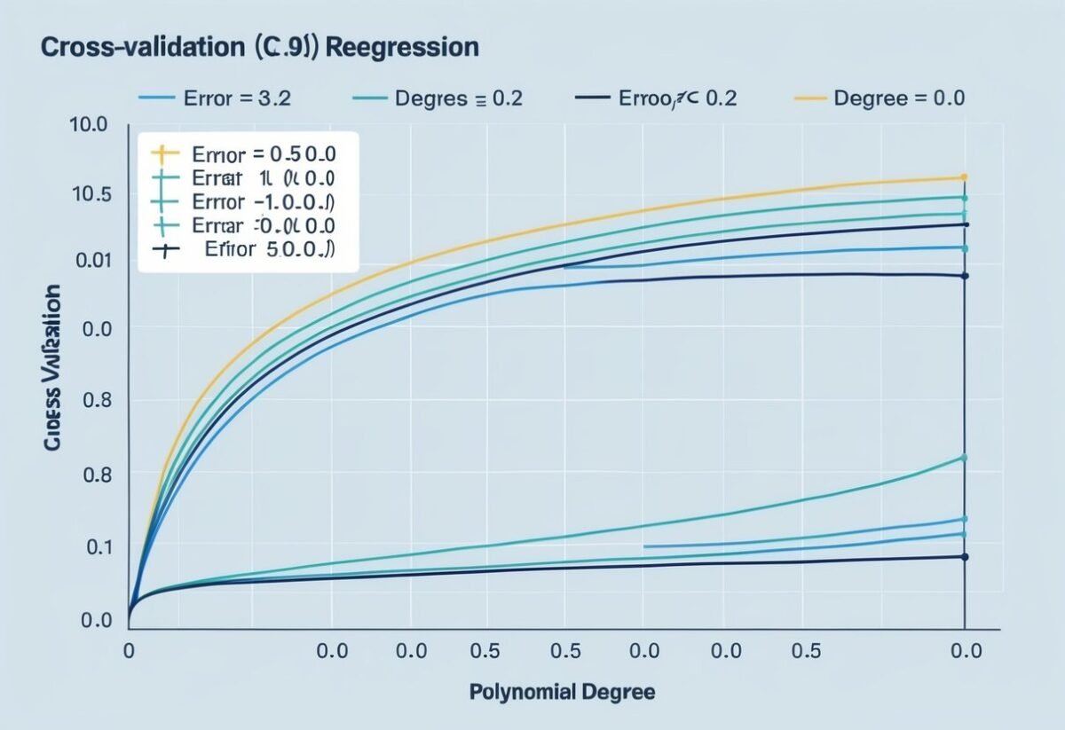A graph showing the process of cross-validation for polynomial regression models. Multiple curves representing different polynomial degrees are plotted with error metrics