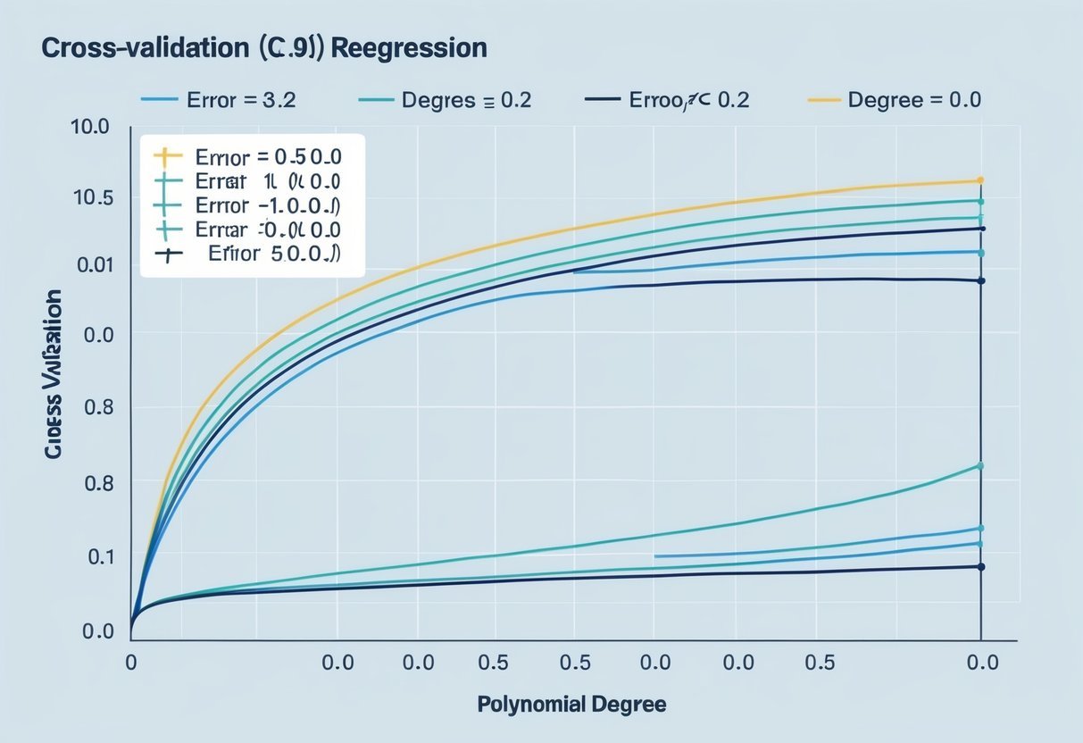 A graph showing the process of cross-validation for polynomial regression models. Multiple curves representing different polynomial degrees are plotted with error metrics