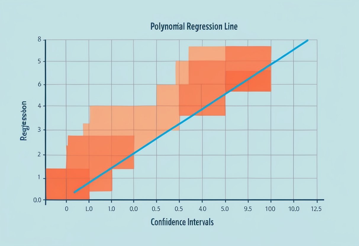 A graph with a polynomial regression line plotted alongside data points, with shaded areas representing confidence intervals