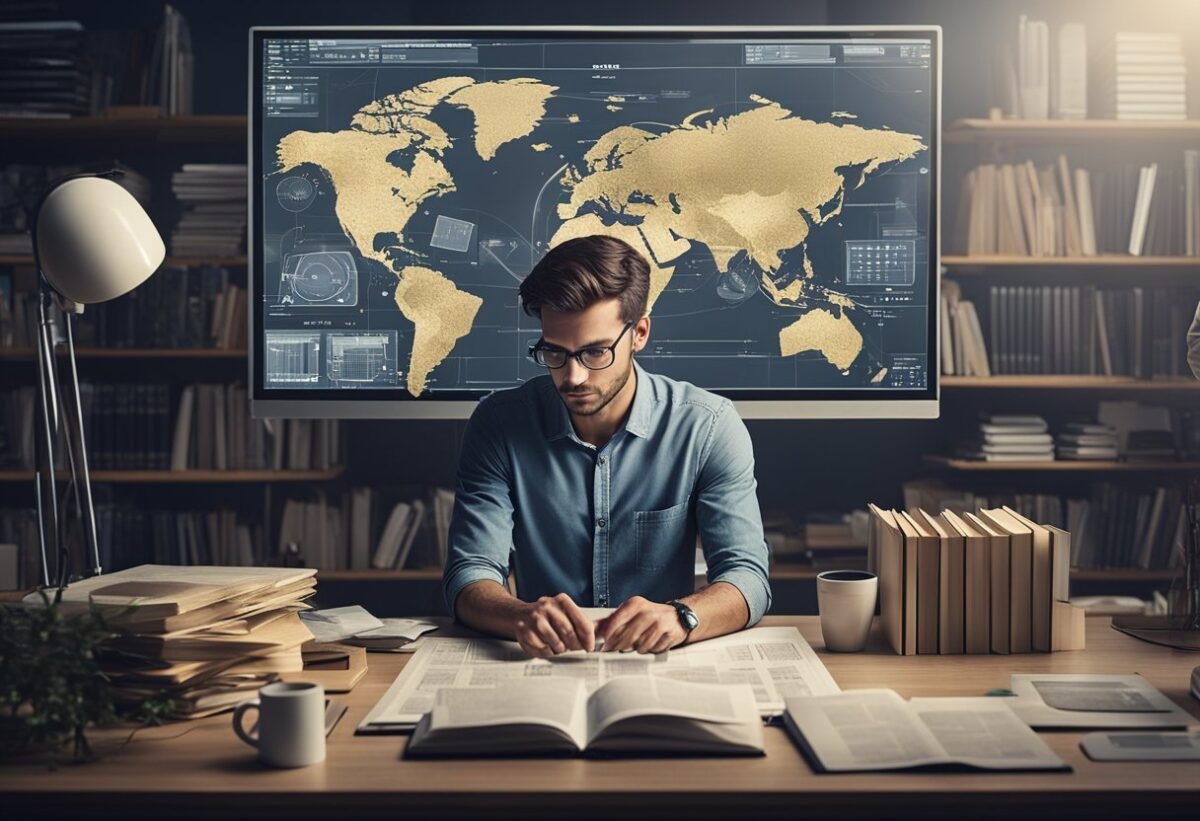 A person studying a complex diagram of Support Vector Machines, surrounded by books and computer screens