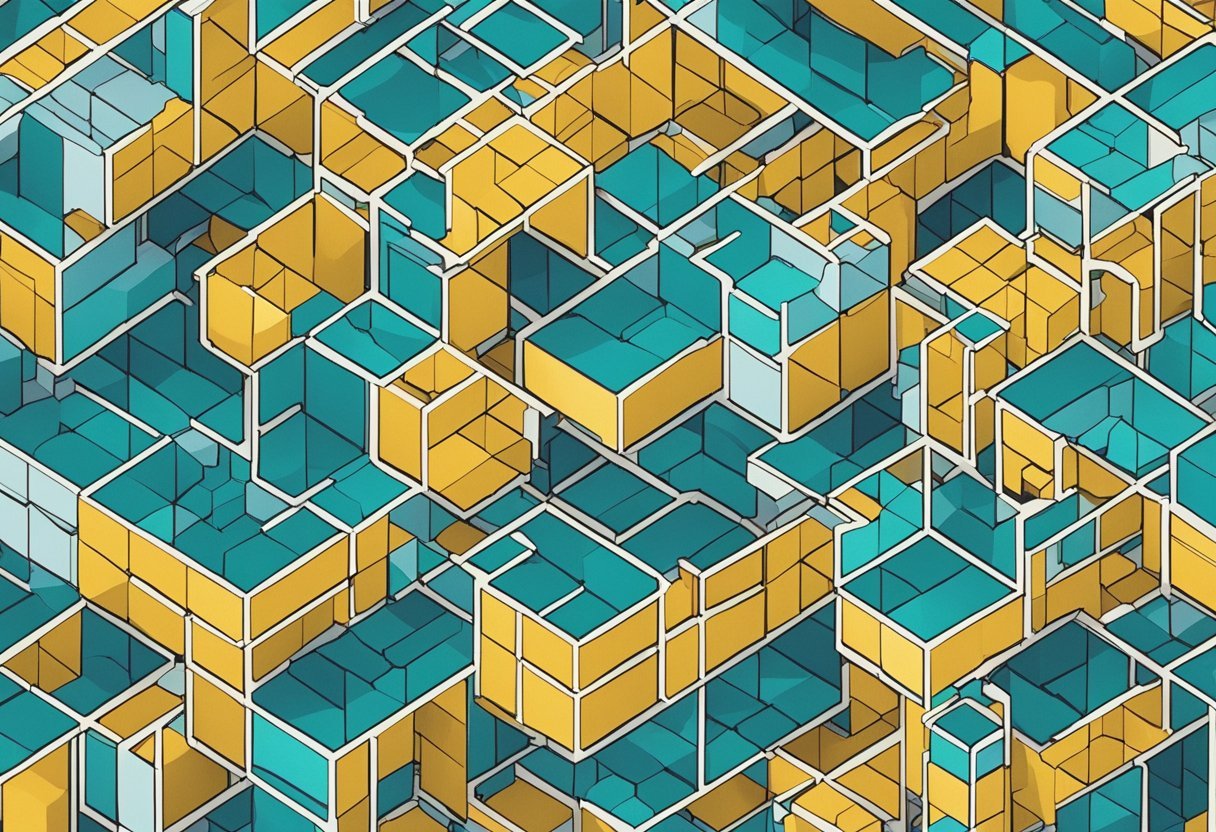 An array of interconnected nodes representing tensor operations in a mathematical landscape. Lines and shapes illustrate dimensionality reduction and feature extraction concepts for machine learning
